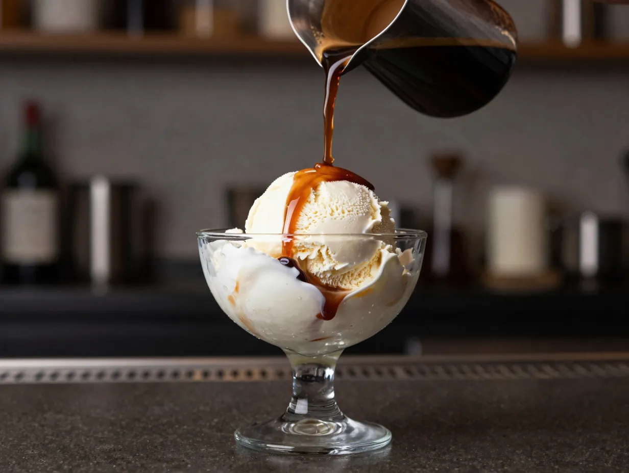 Affogato with vanilla gelato drowned in hot espresso