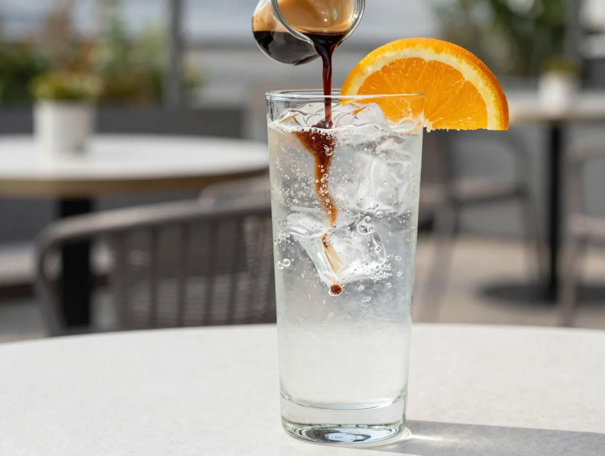 Espresso tonic with sparkling water and citrus garnish