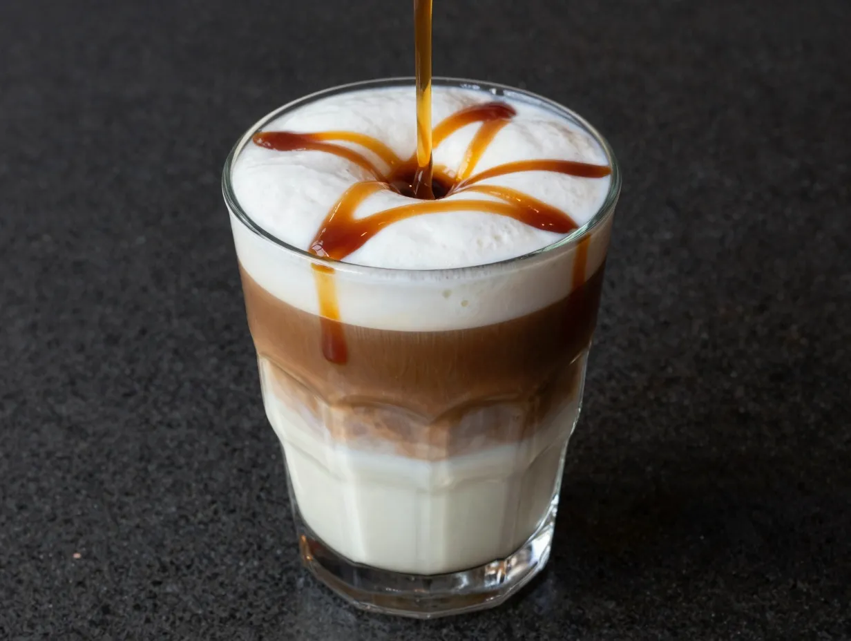 A layered caramel macchiato with vanilla syrup steamed milk espresso drizzle
