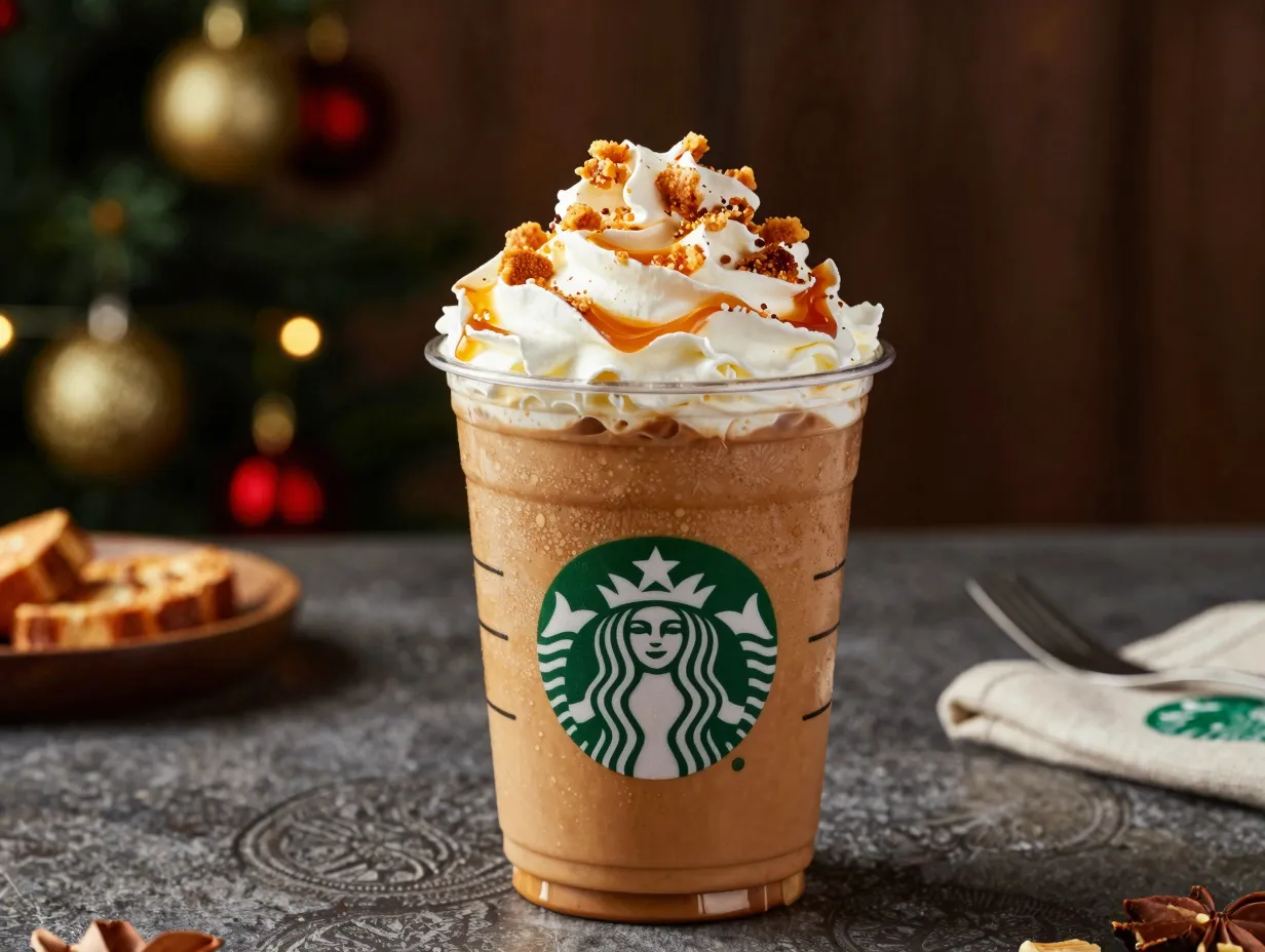 A seasonal caramel brulee latte with whipped cream and crunchy topping