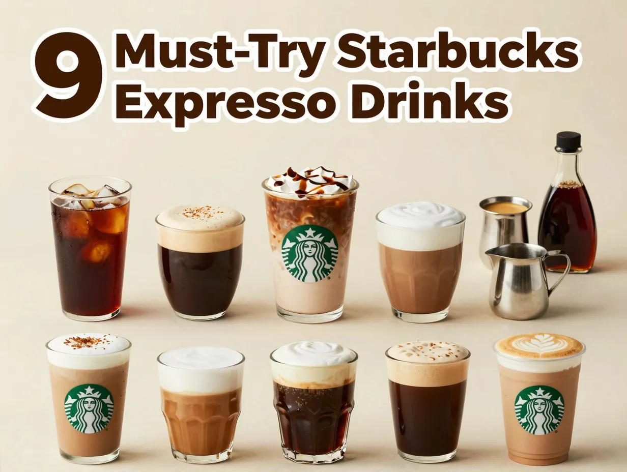 A top down grid of nine starbucks espresso drinks champion iced shaken espresso