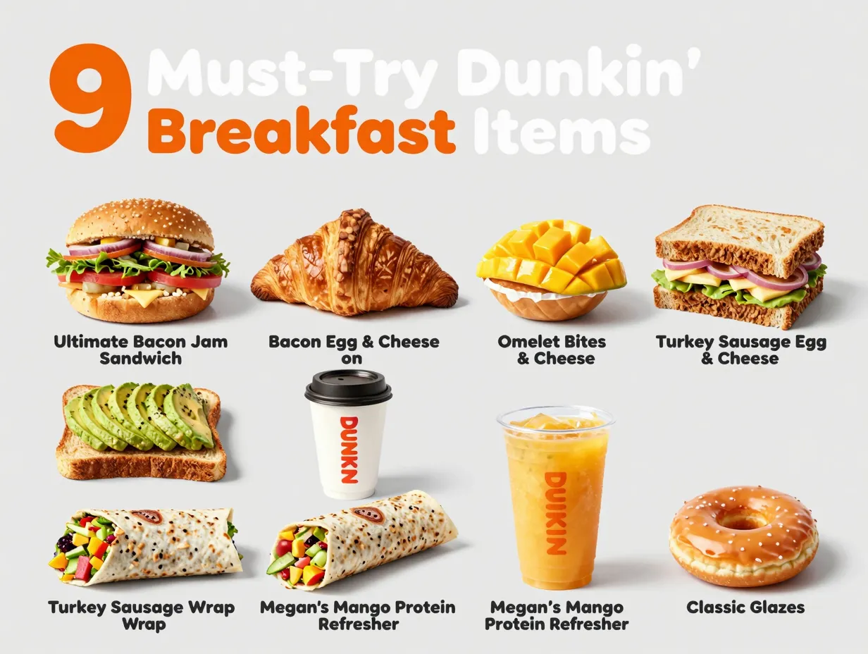 Flat lay grid dunkin breakfast must try items coffee centerpiece