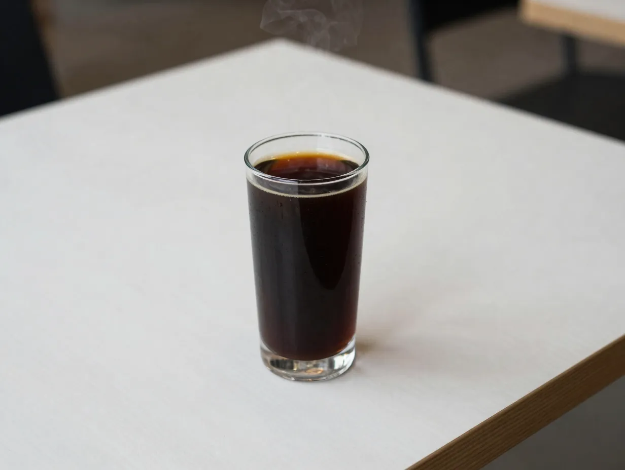 Tall clear glass black coffee on clean modern coffee shop table