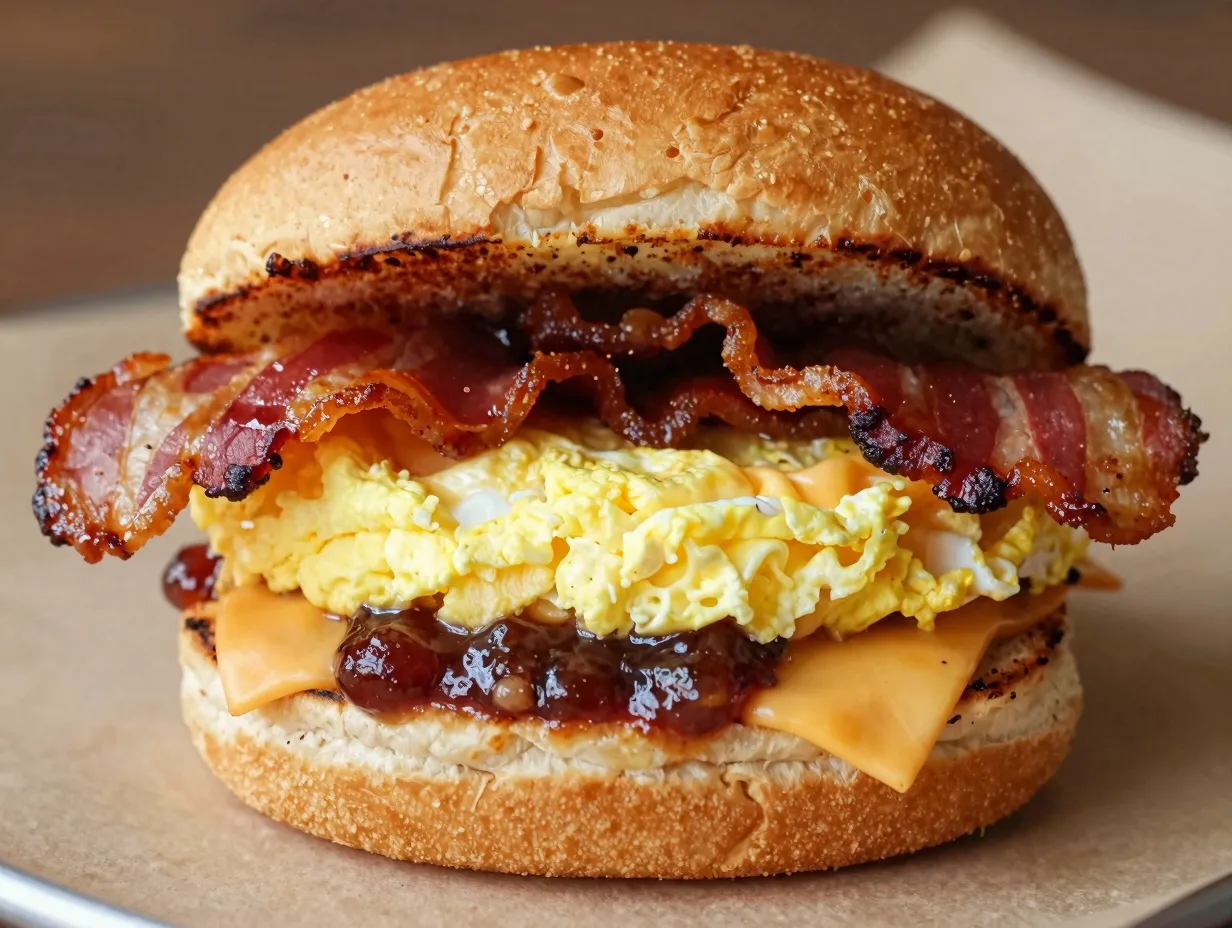 Ultimate bacon jam breakfast sandwich with egg cheese on brioche roll