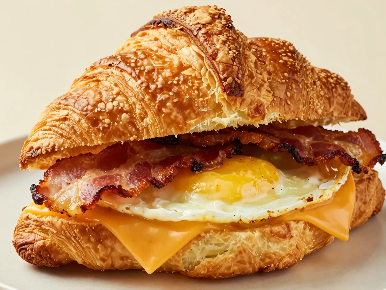 Classic bacon egg and cheese sandwich on buttery flaky croissant