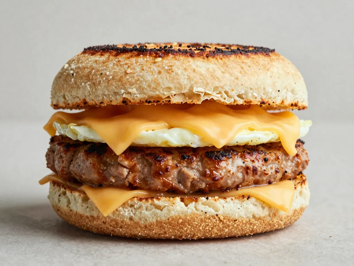 Turkey sausage egg and cheese breakfast sandwich on english muffin