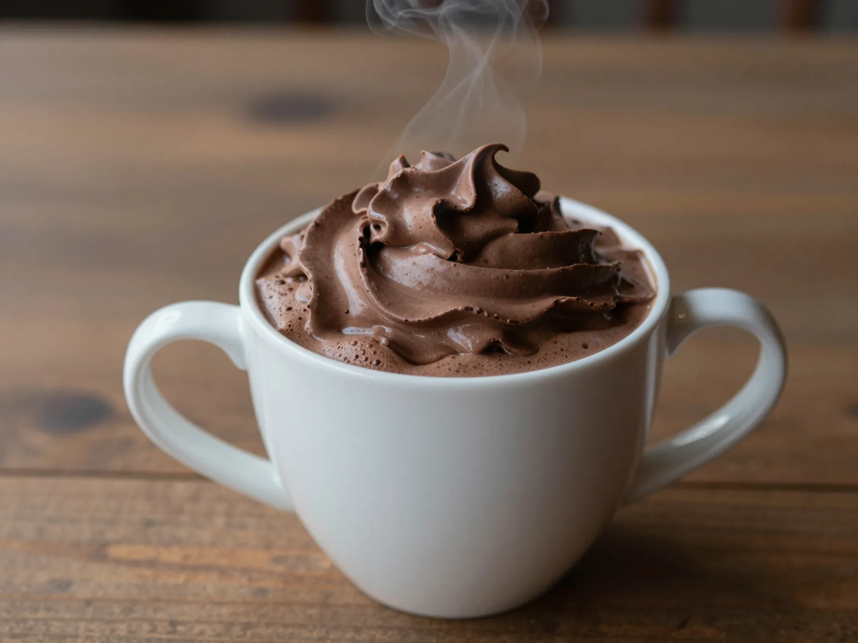 White ceramic mug of steaming mocha with rich chocolate whipped cream