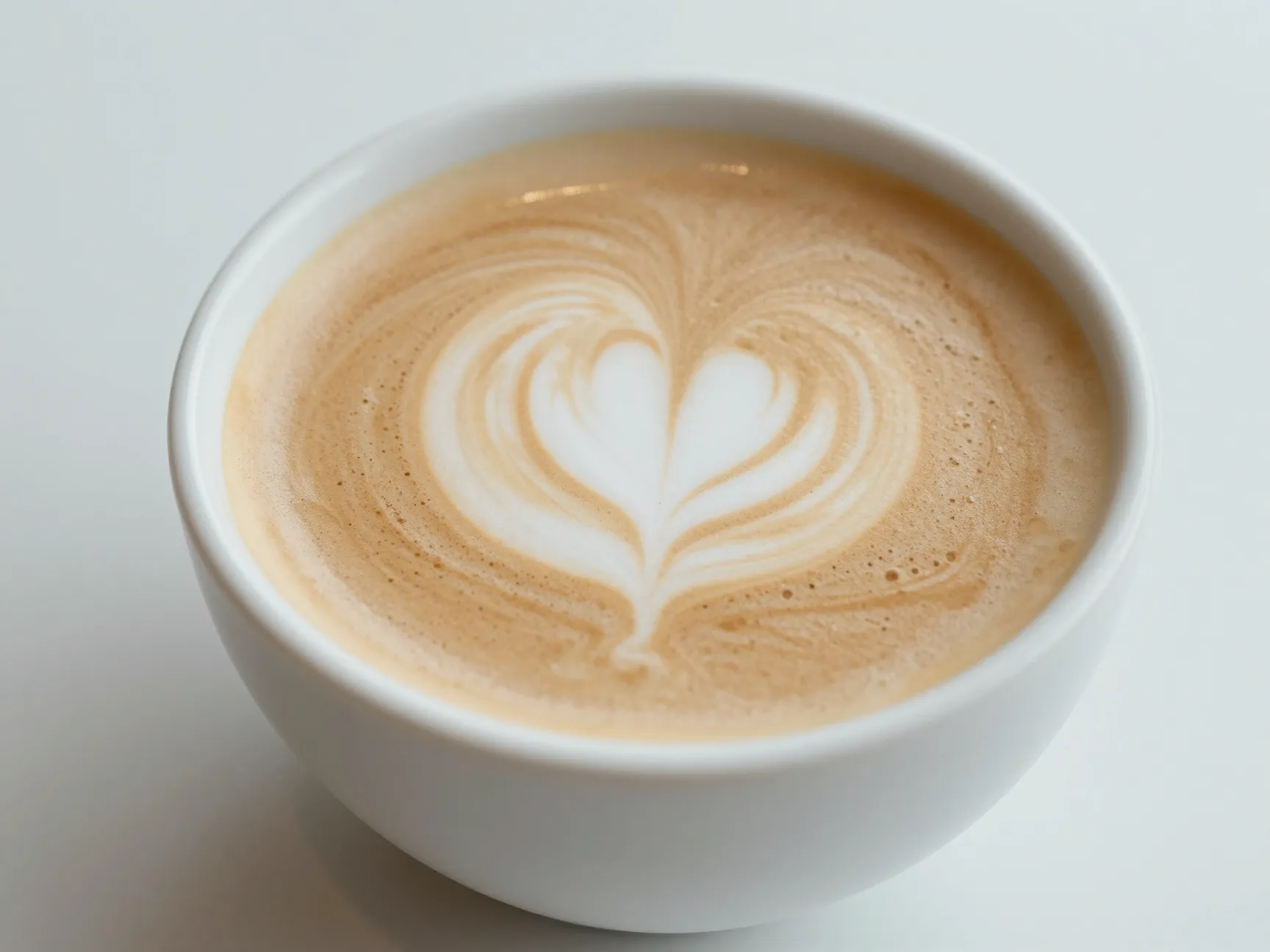 Shallow white latte bowl of velvety flat white with perfect microfoam