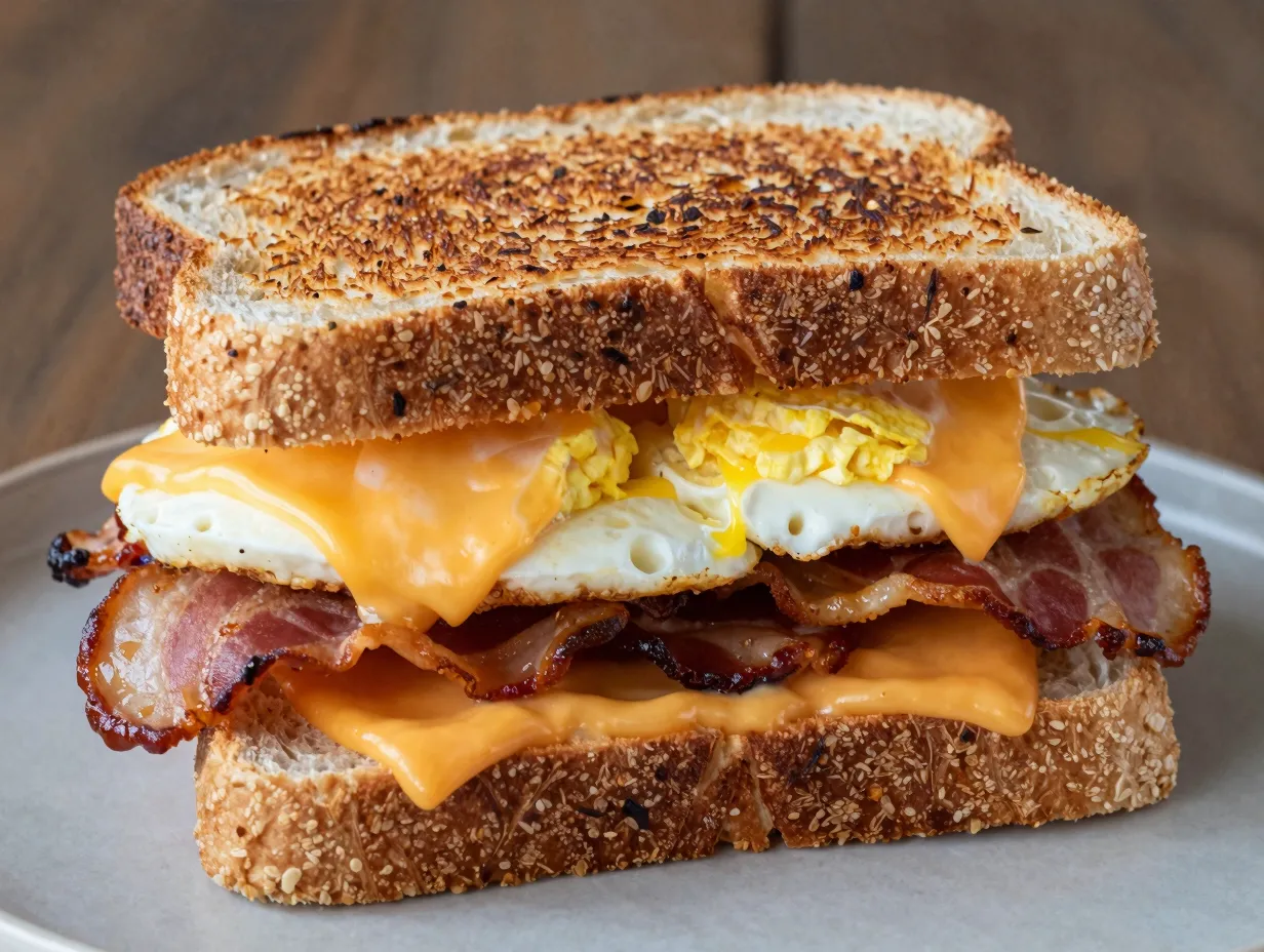 Sourdough breakfast sandwich with egg cheese and bacon toasted
