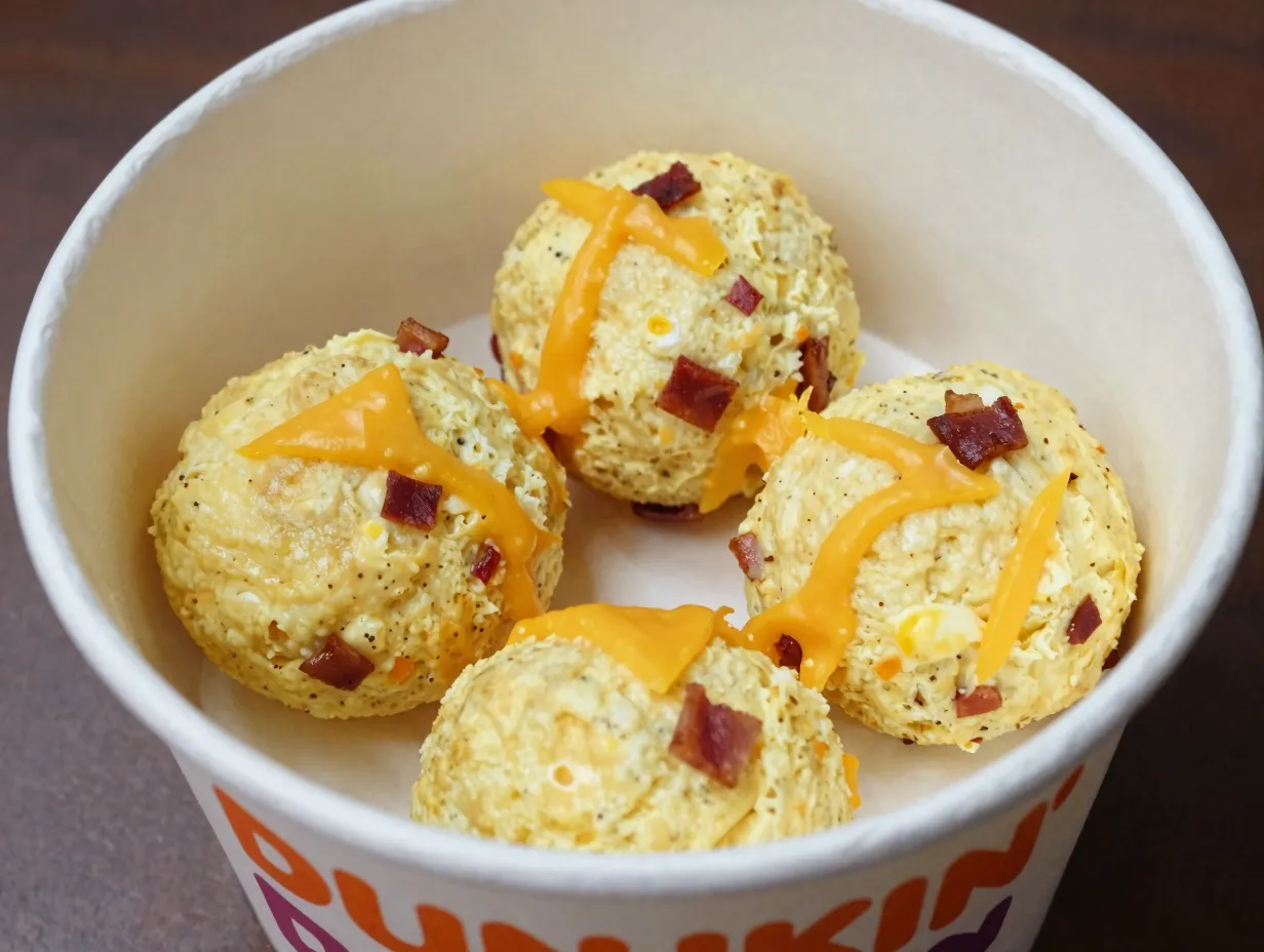 Bacon and cheddar omelet bites in a paper serving cup