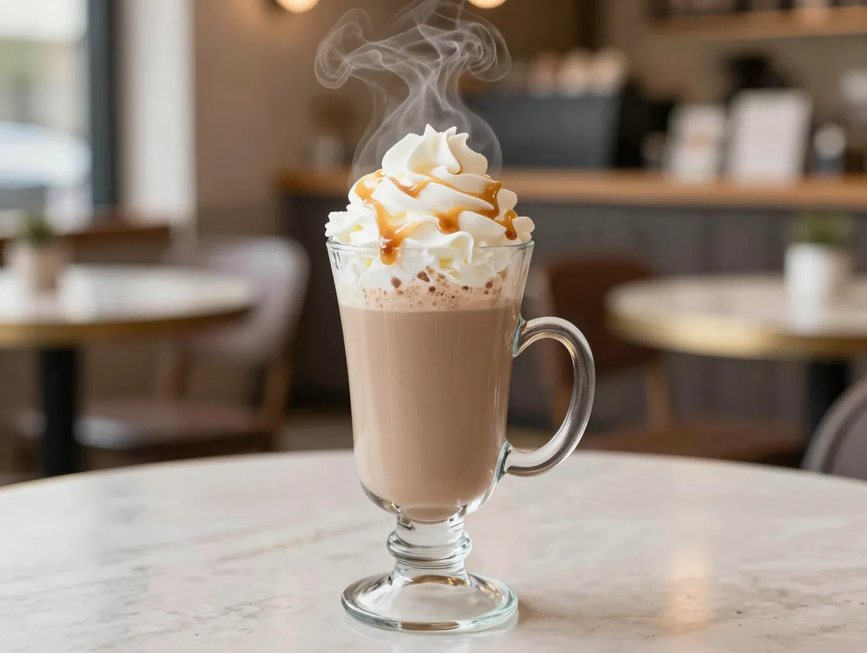 Clear glass mug of steaming white chocolate mocha with whipped cream