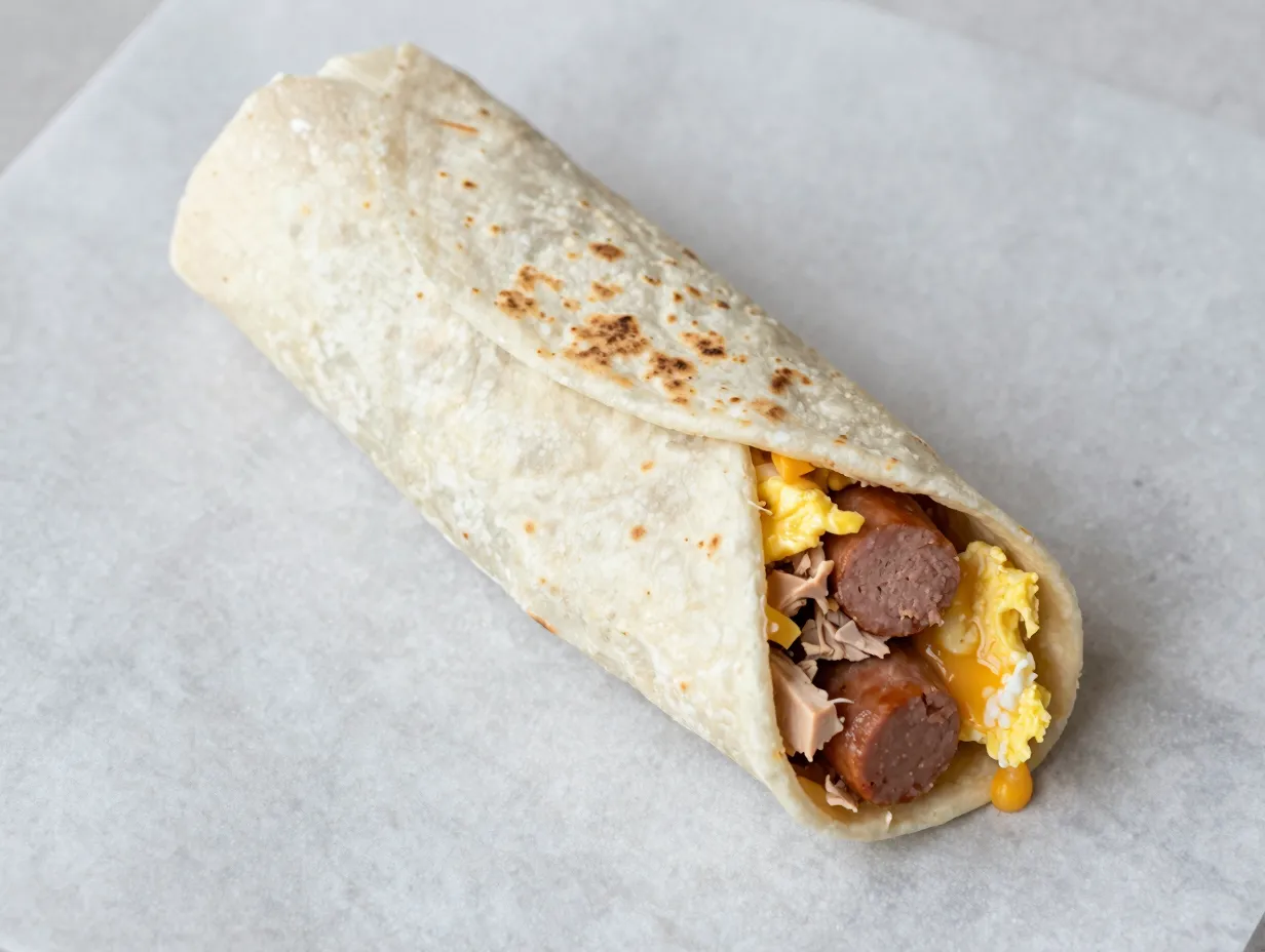 Turkey sausage wrap with egg and cheese in flour tortilla