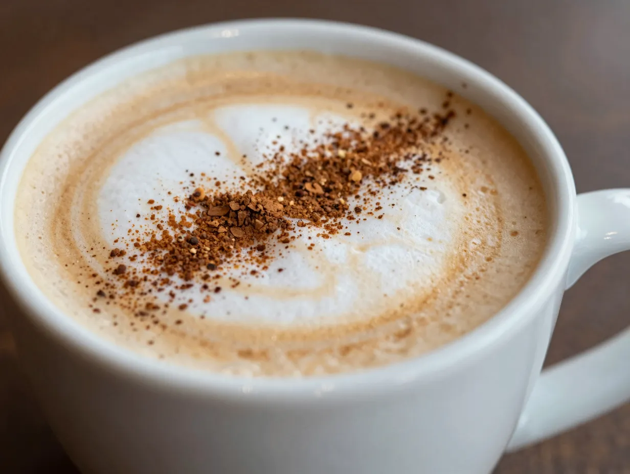 White ceramic mug blonde latte with brown sugar and oat milk foam