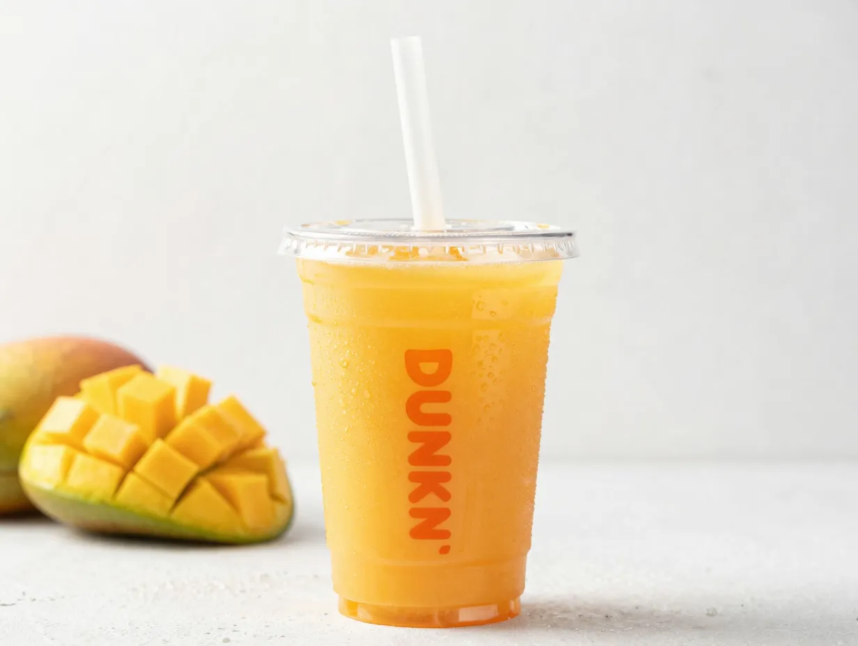 Megans mango protein refresher drink in a clear cup