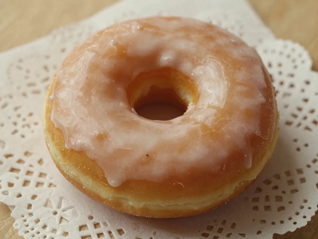Classic glazed donut on a simple paper doily or napkin