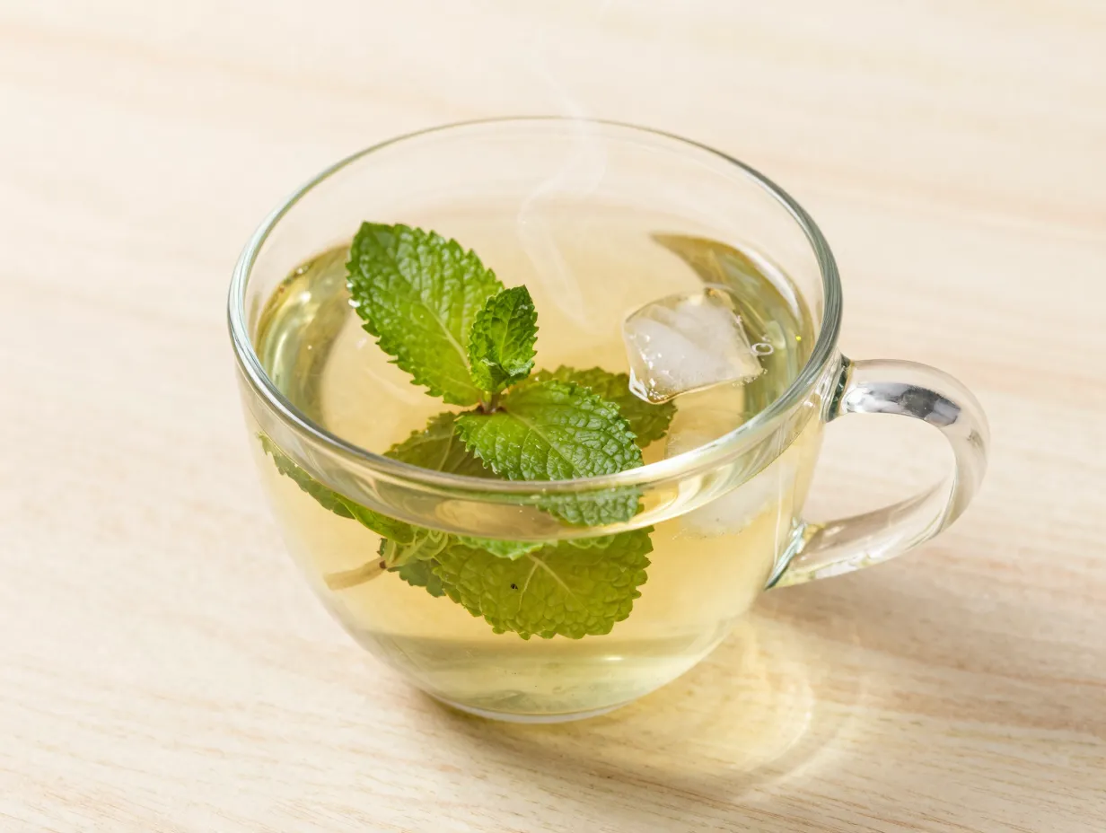 Clear glass mug of mint majesty herbal tea on light wood table