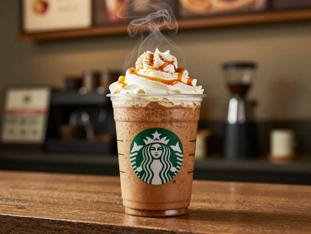 Caramel apple spice drink with whipped cream in starbucks ceramic cup