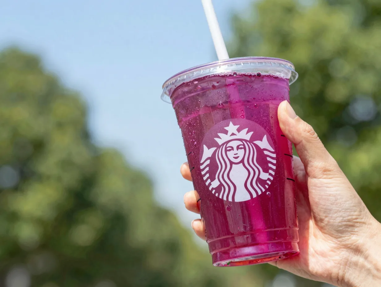 Iced passion tango tea in tall clear plastic cup with magenta color