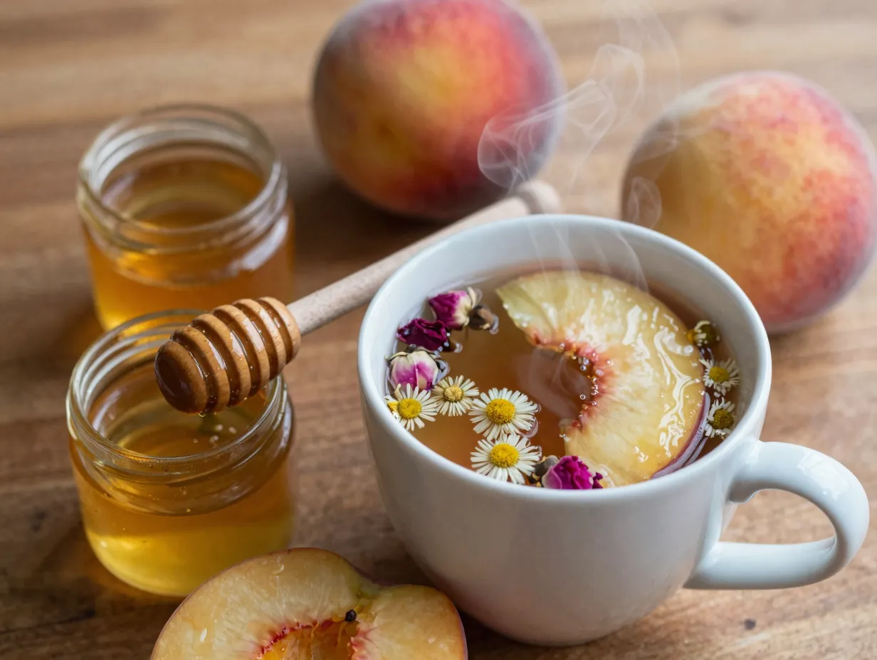 Peach tranquility tea in white ceramic mug with honey dipper