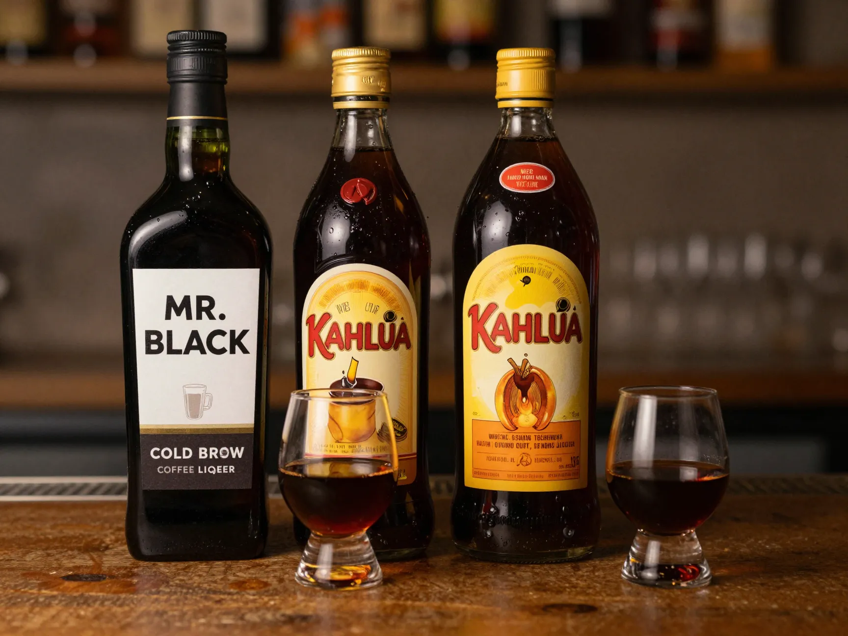 Two bottles of coffee liqueur mr black and kahlua side by side