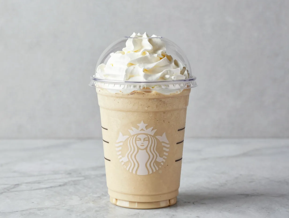 Vanilla bean creme frappuccino in clear plastic cup with whipped cream