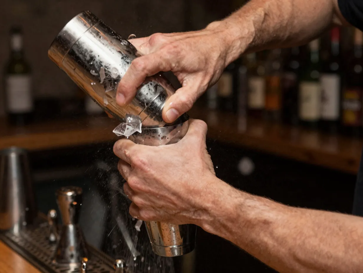 Bartender shaking cocktail shaker vigorously with both hands
