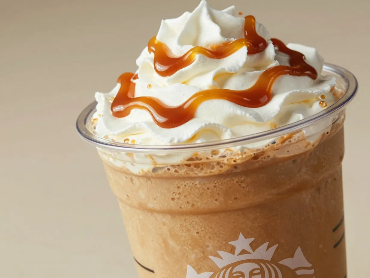 Caramel creme frappuccino with extra caramel drizzle in plastic cup