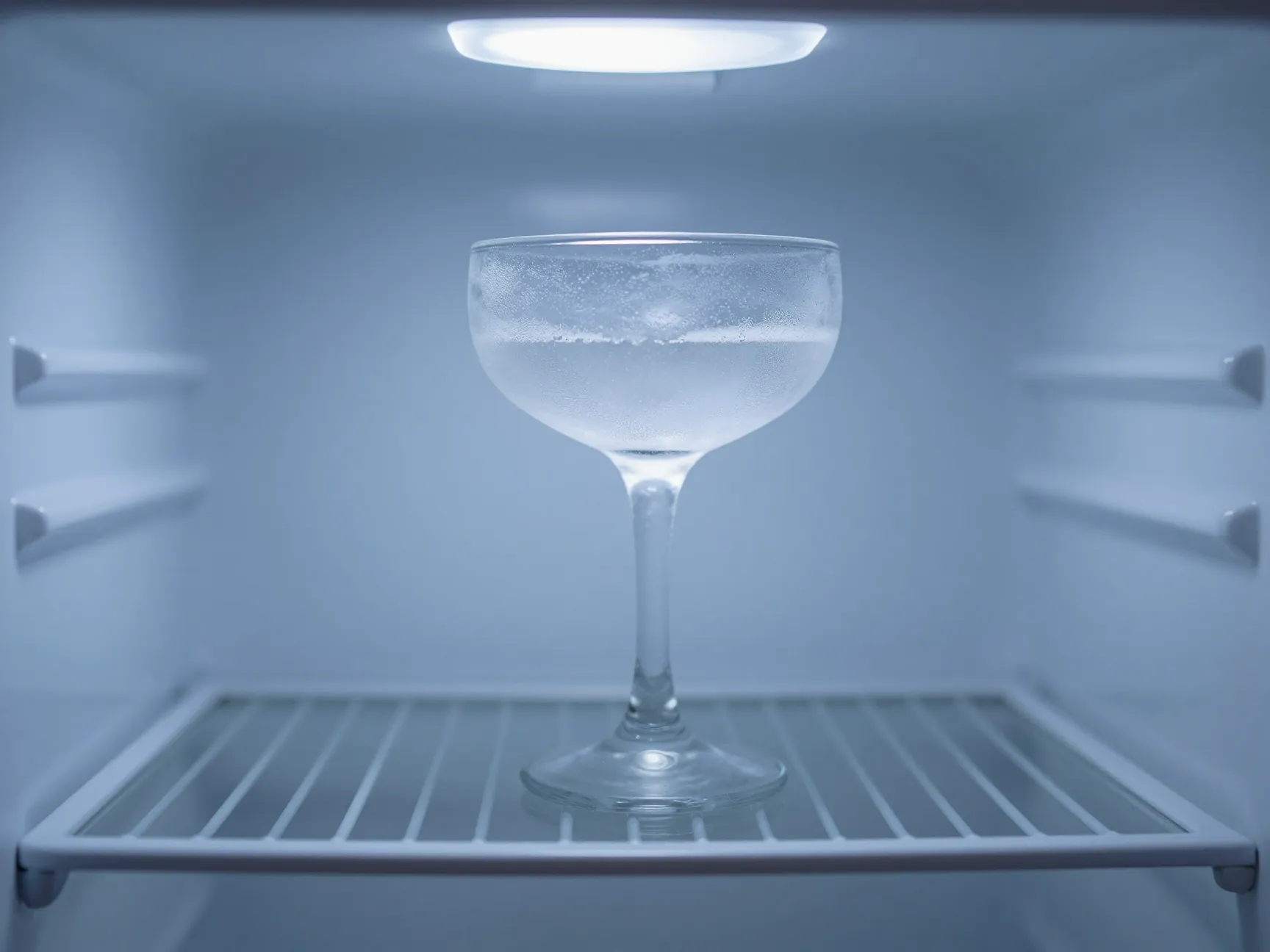 Frosted coupe glass sitting in a home freezer