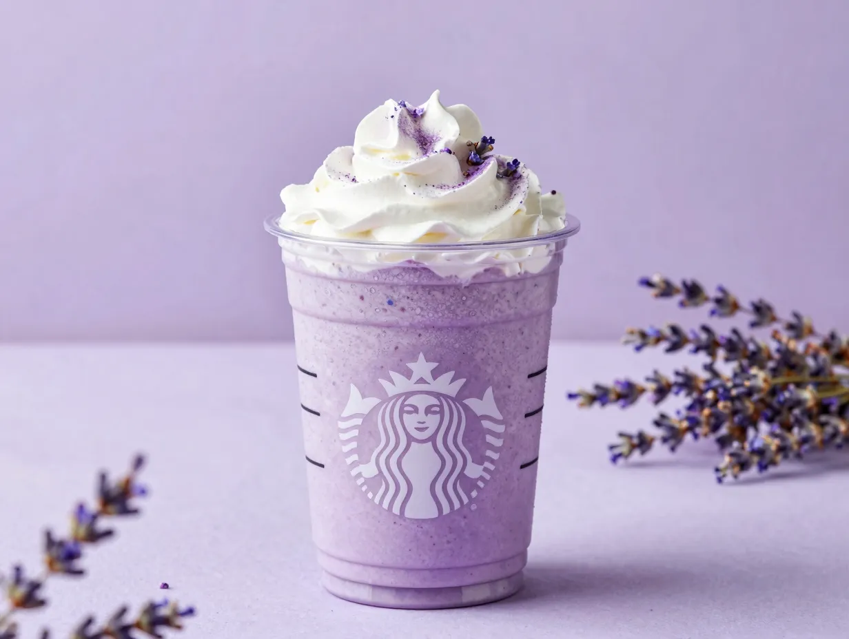 Lavender creme frappuccino with soft purple hue in starbucks cup