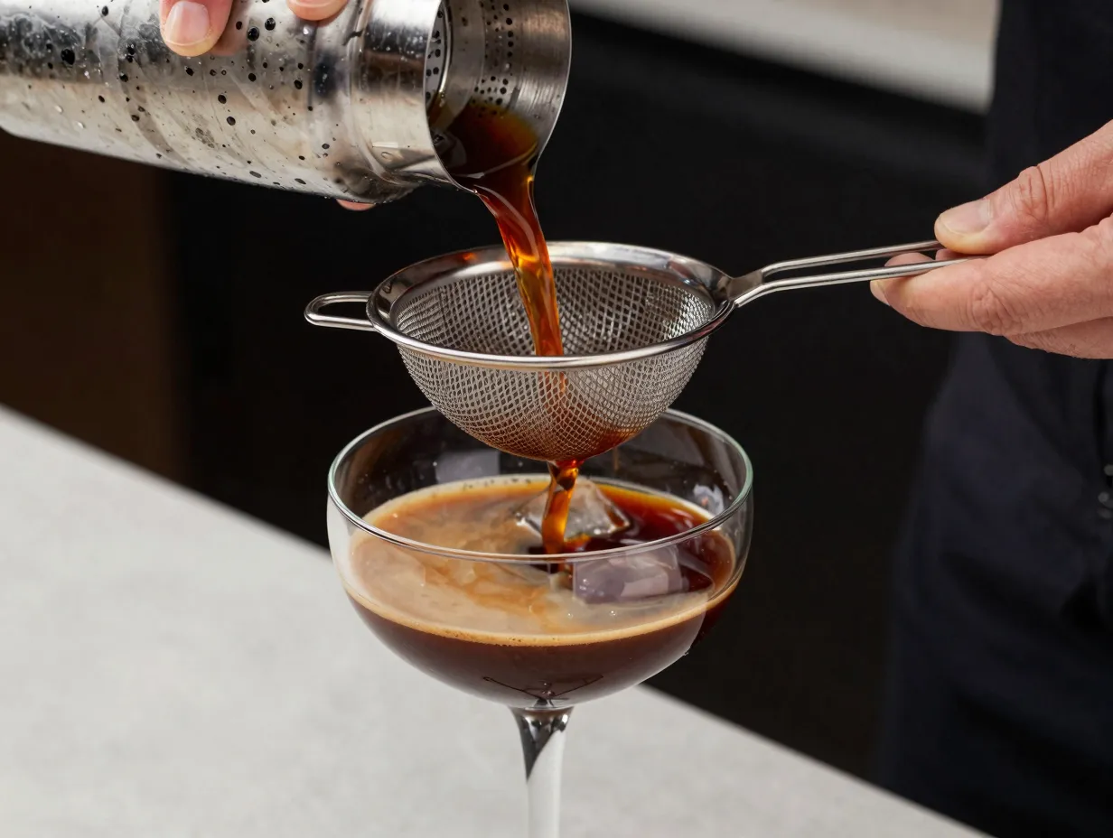 Cocktail being strained through a fine mesh strainer