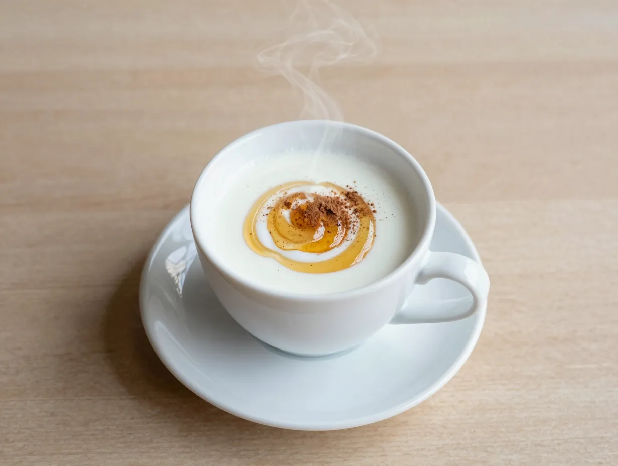 Steamed milk with honey in a simple white mug on a saucer