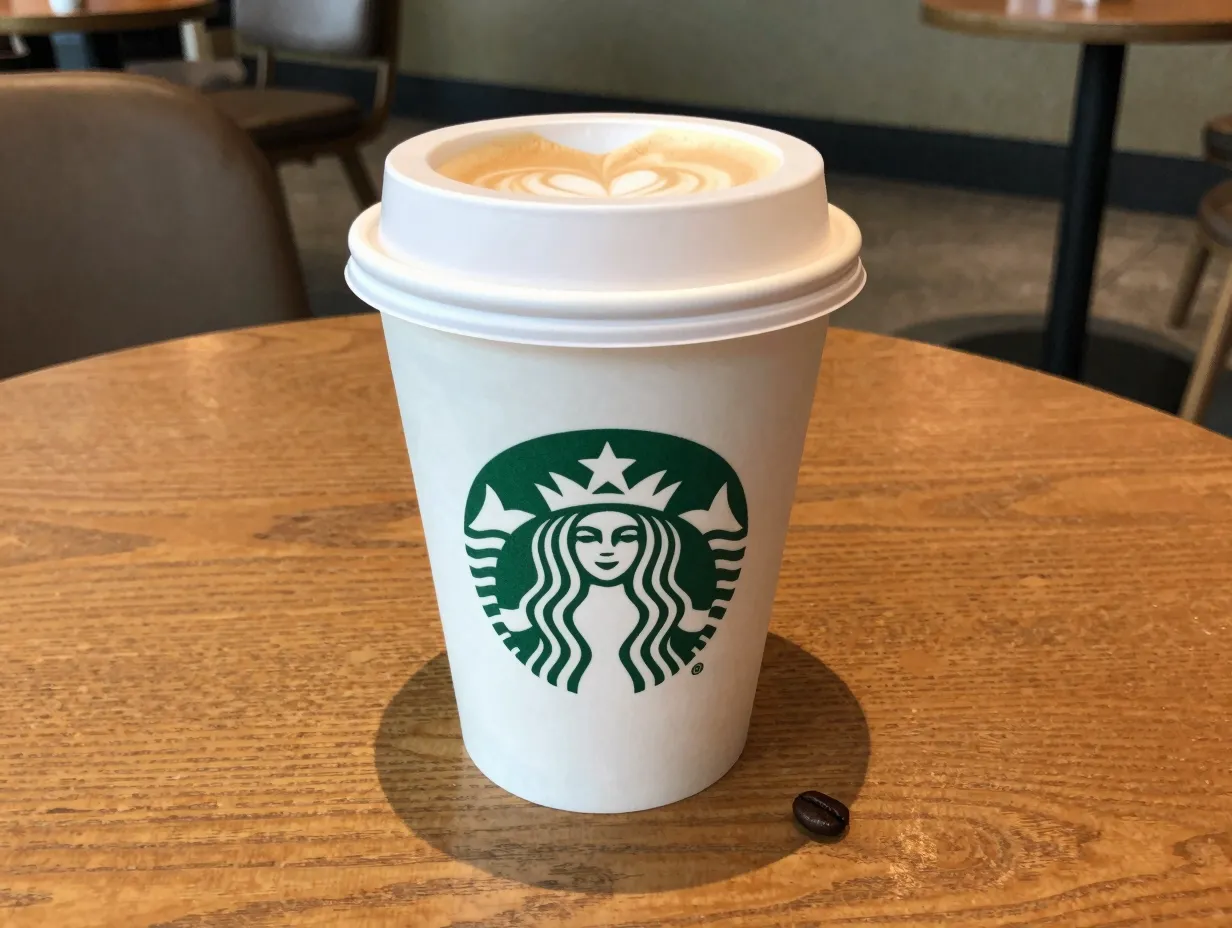 Decaf latte in starbucks paper cup on a coffee shop table