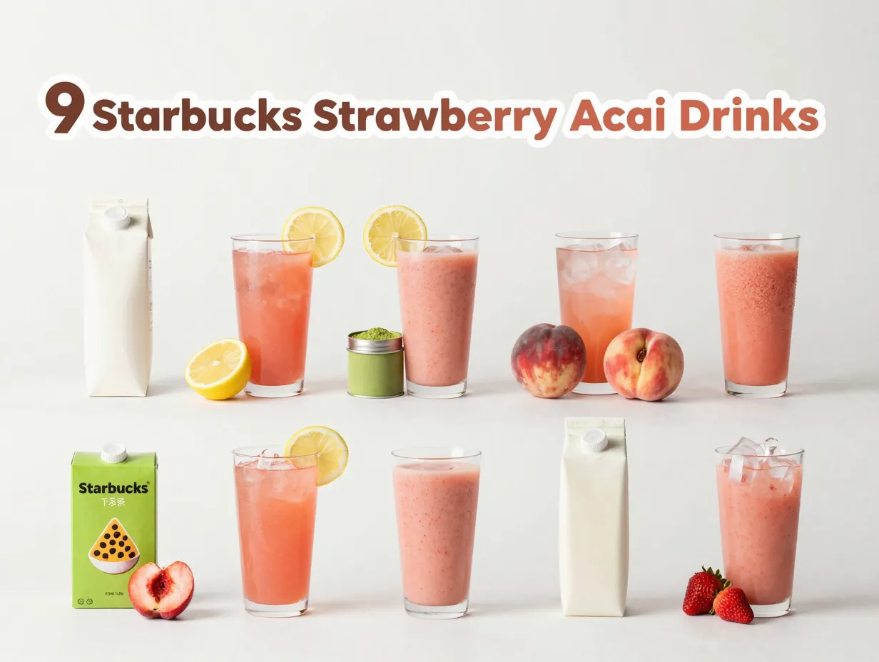 Nine strawberry acai drinks flatlay coconut matcha lemon peach tea