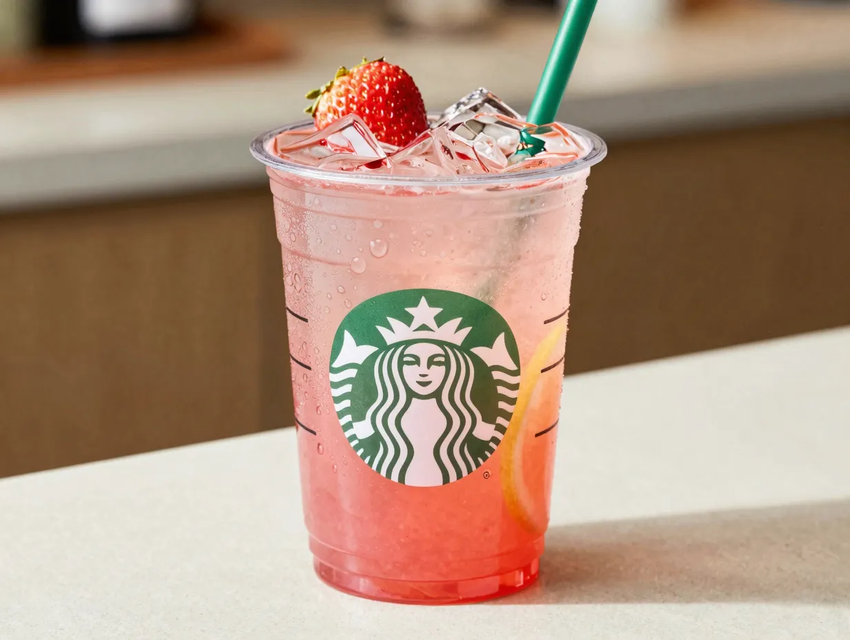 Strawberry acai lemonade refresher with tart citrusy ice cold beverage