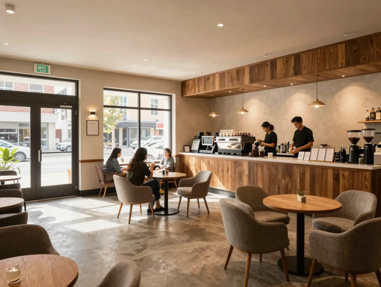 Welcoming modern coffee shop interior with warm light and comfortable seating