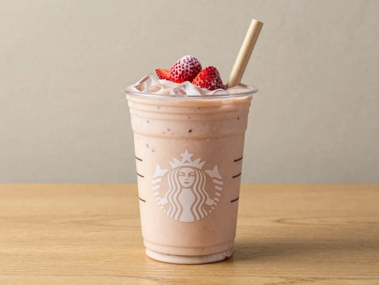 Creamy oat milk strawberry acai drink in modern clear cup