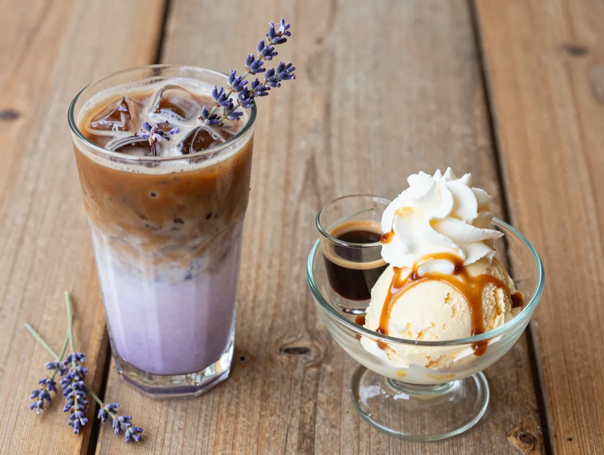 Lavender iced latte and espresso affogato with caramel on table