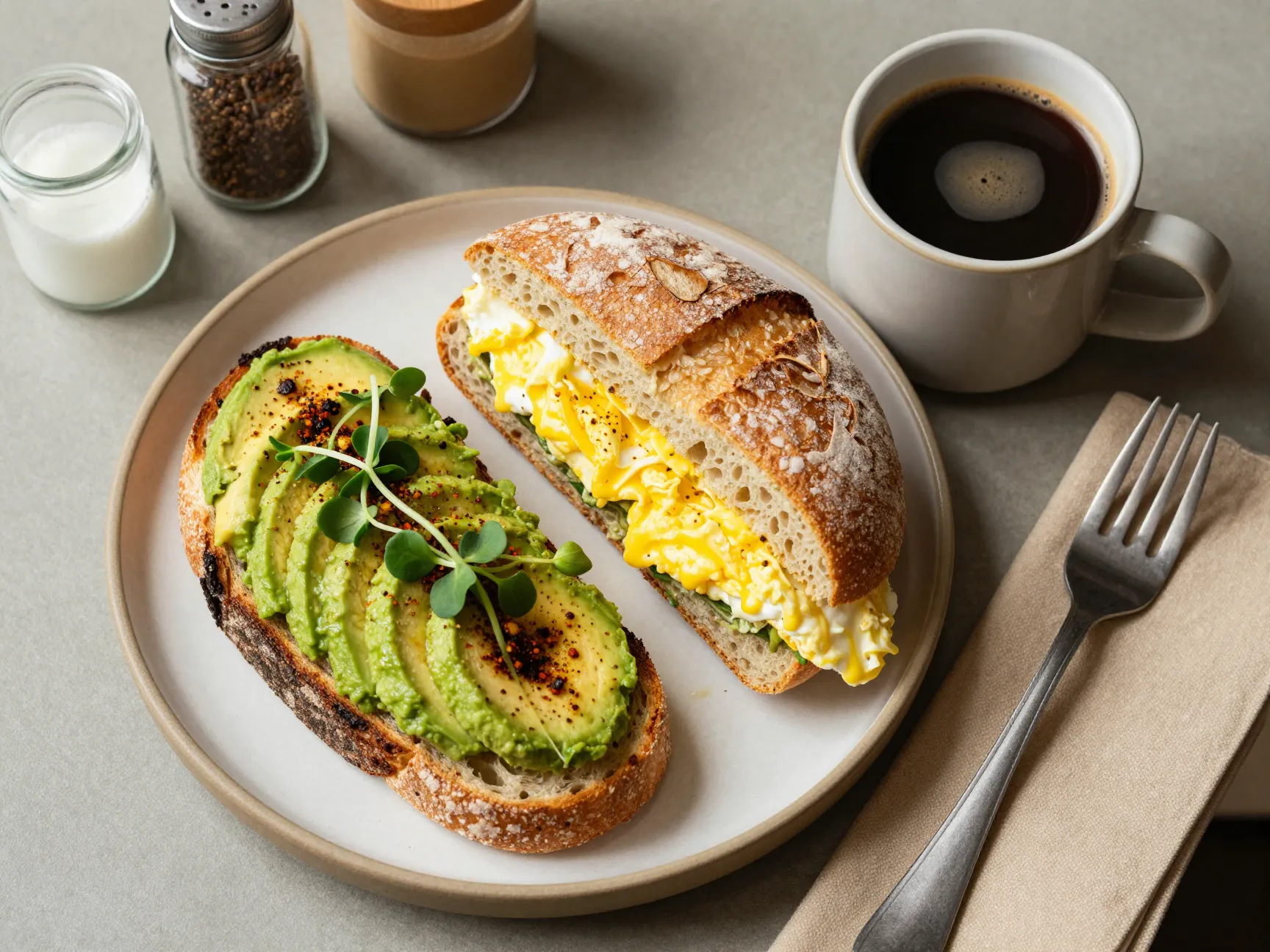 Avocado toast and egg sandwich breakfast plate with coffee mug
