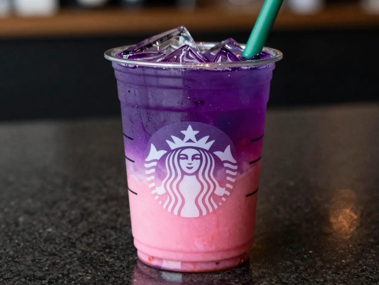 Layered strawberry acai passion tango tea purple pink drink