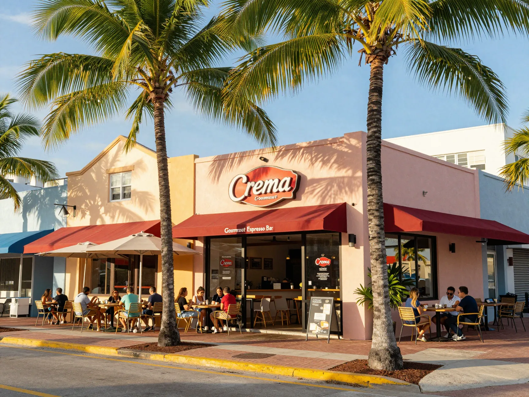 Crema cafe storefront on sunny miami street with palm trees