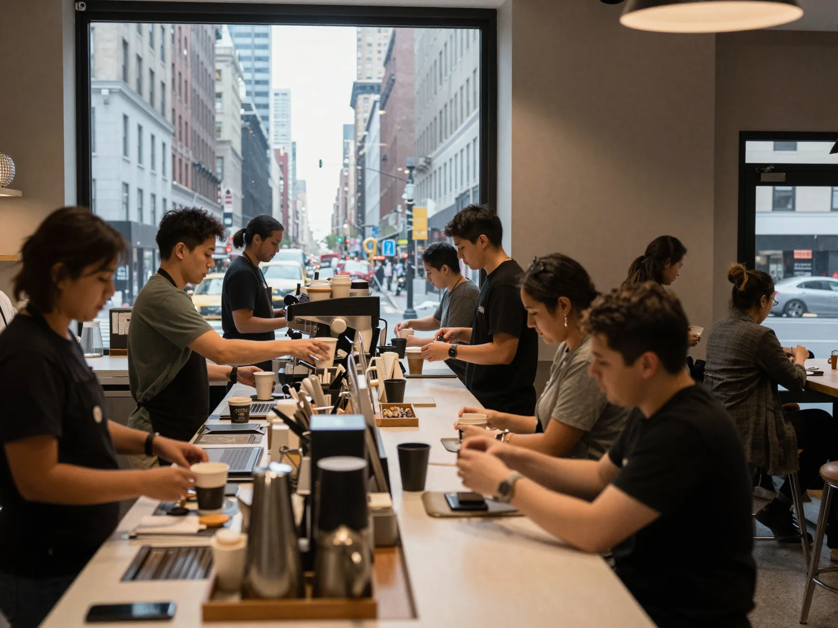 Busny nyc crema counter with manhattan skyline through window