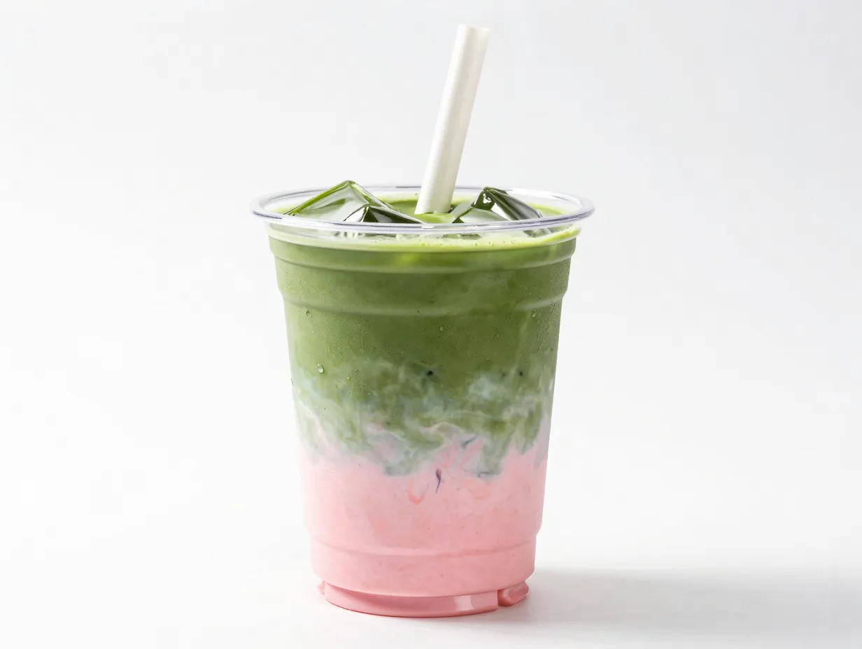 Pink and green layered matcha strawberry acai latte drink