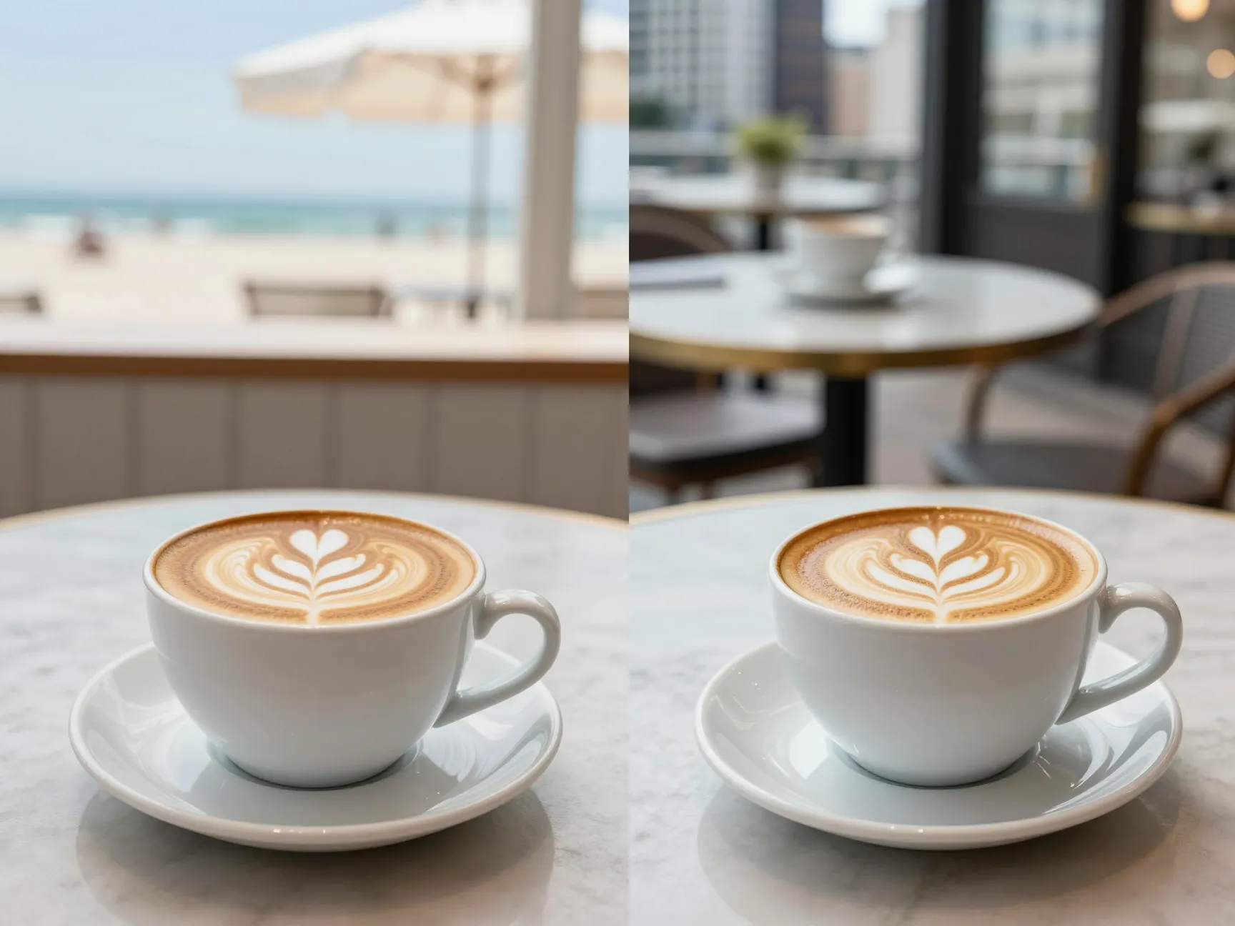 Identical cappuccinos in miami and new york cafe settings