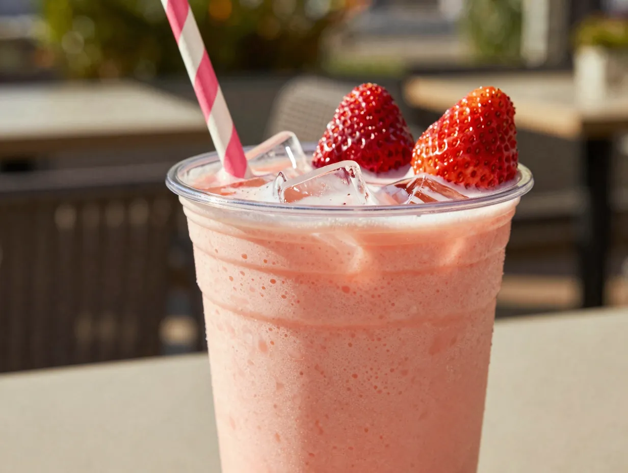 Pink lemonade drink with strawberry acai coconut milk blend