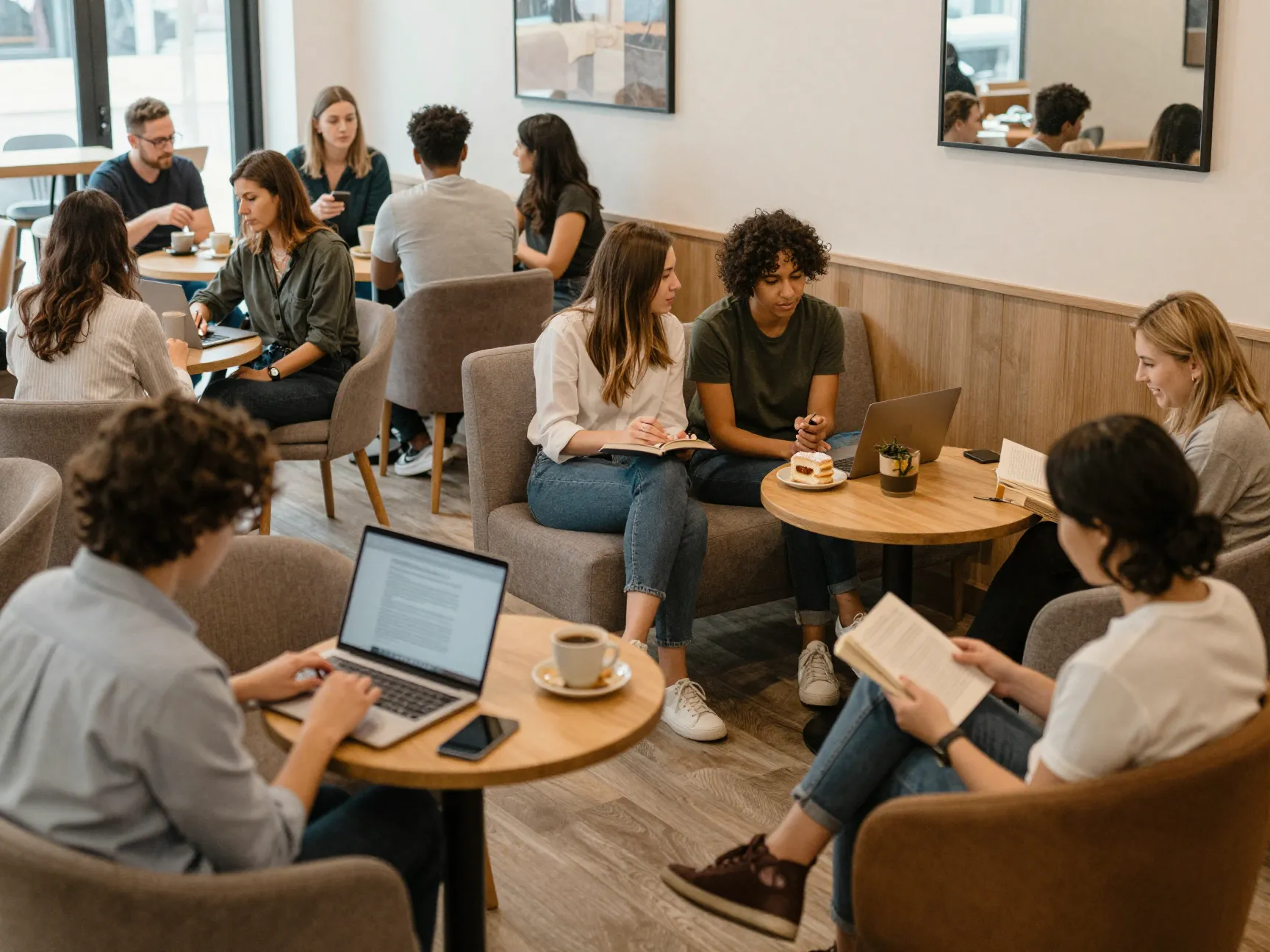 People working and socializing in cozy cafe lounge with laptops
