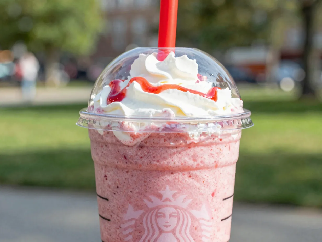 Frozen blended strawberry acai slushy drink with whipped cream