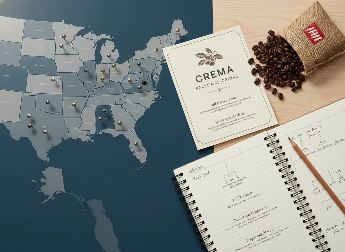 Map with pins and seasonal menu symbolizing cafe growth plans