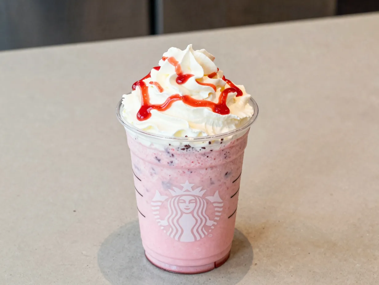 Strawberry shortcake frappuccino clear cup whipped cream strawberry drizzle