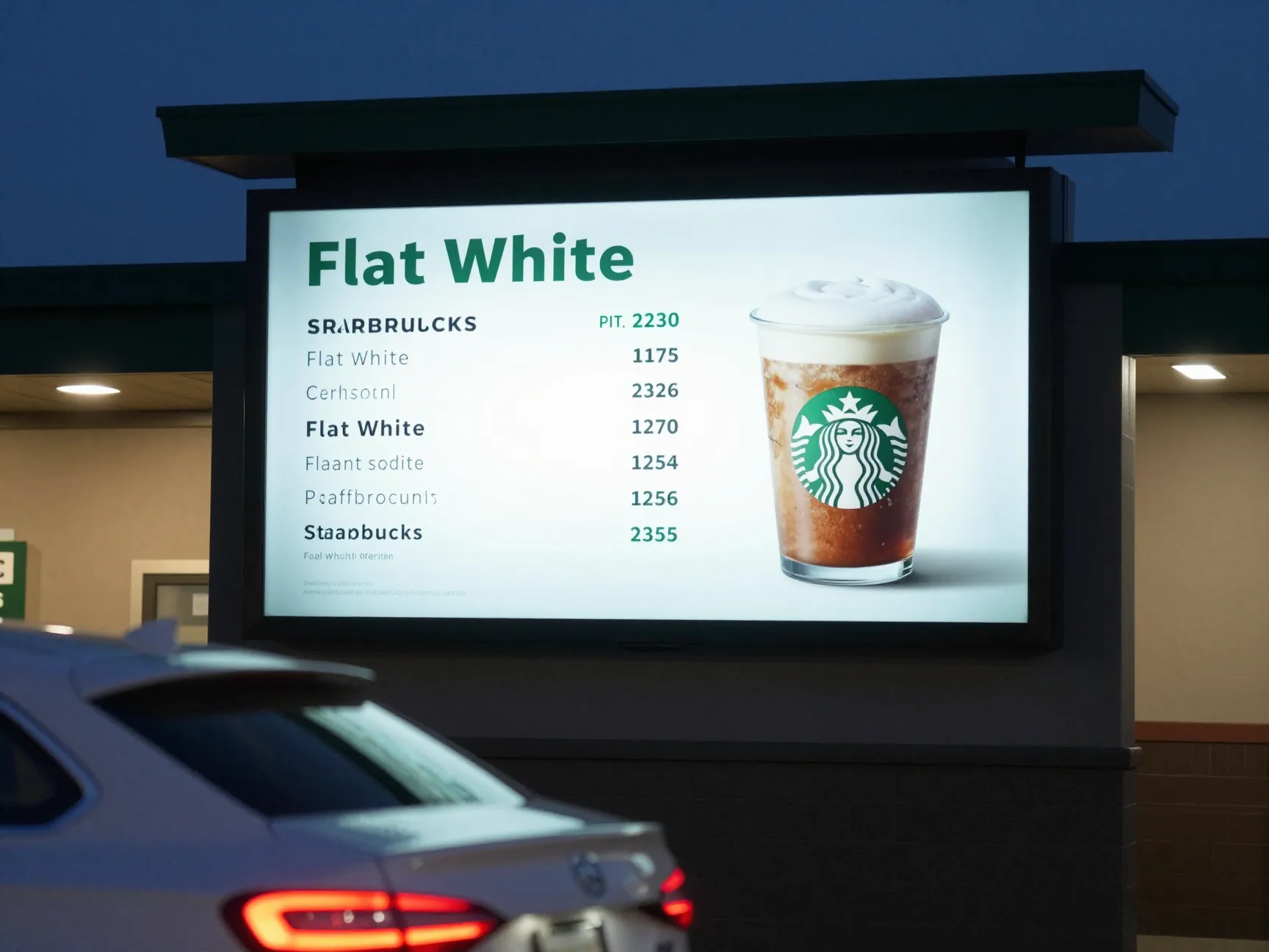 Starbucks drive through menu featuring the flat white drink