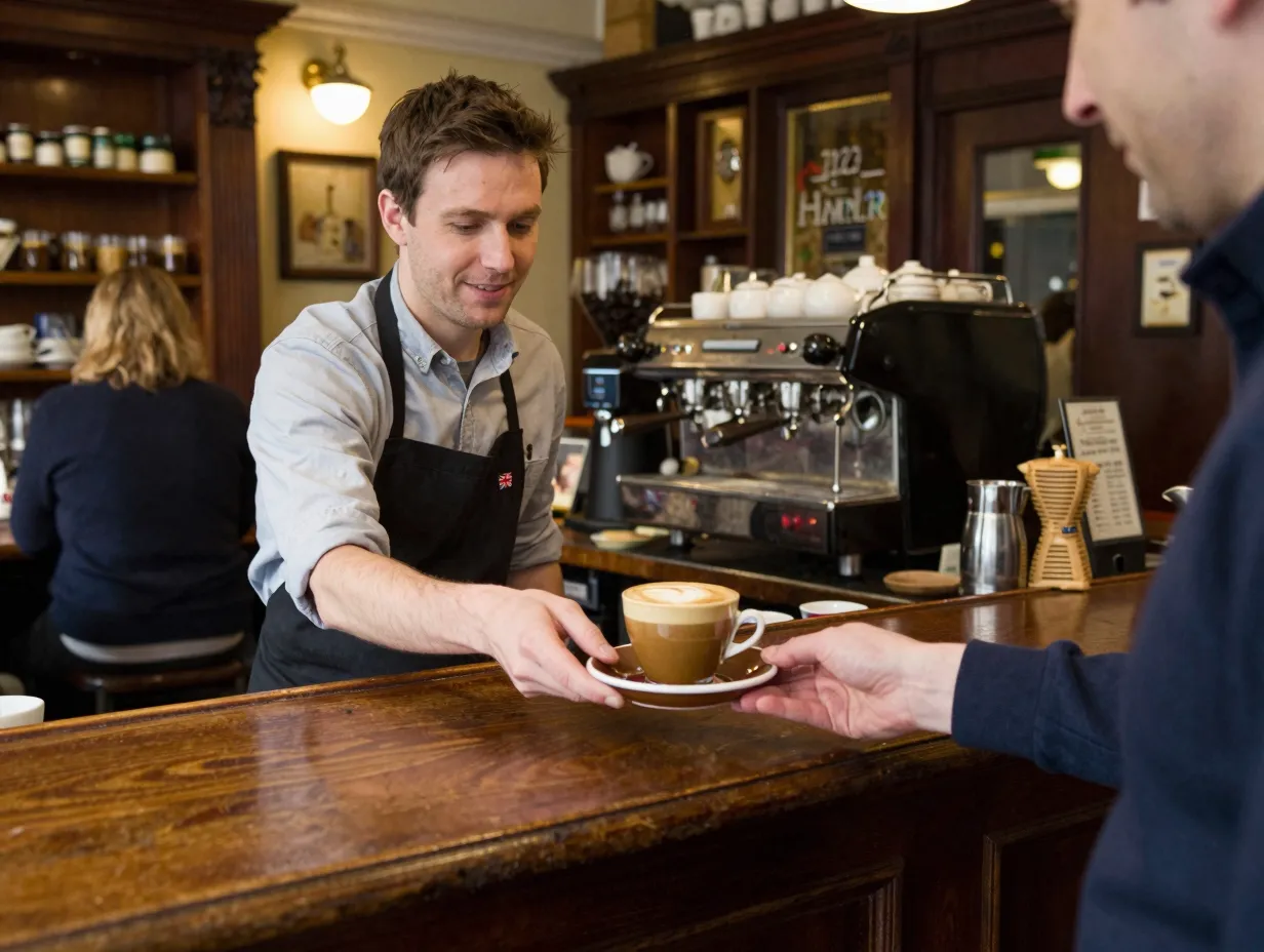 Traditional london specialty coffee shop serving a flat white